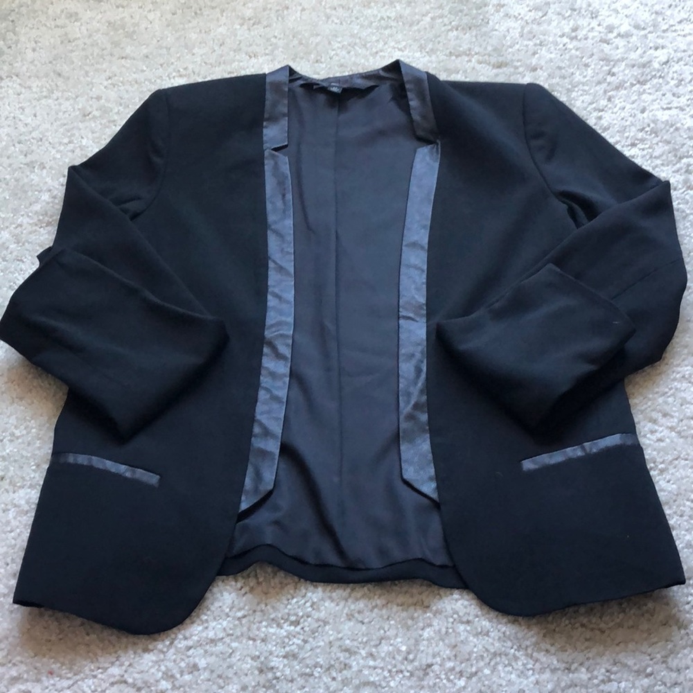 Black blazer with faux leather lapel and pockets